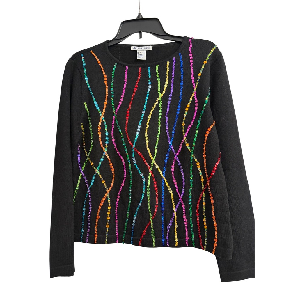 Belle Pointe Sweater Large Black Sequin, Rainbow, Festive, Party, Retro, Holiday